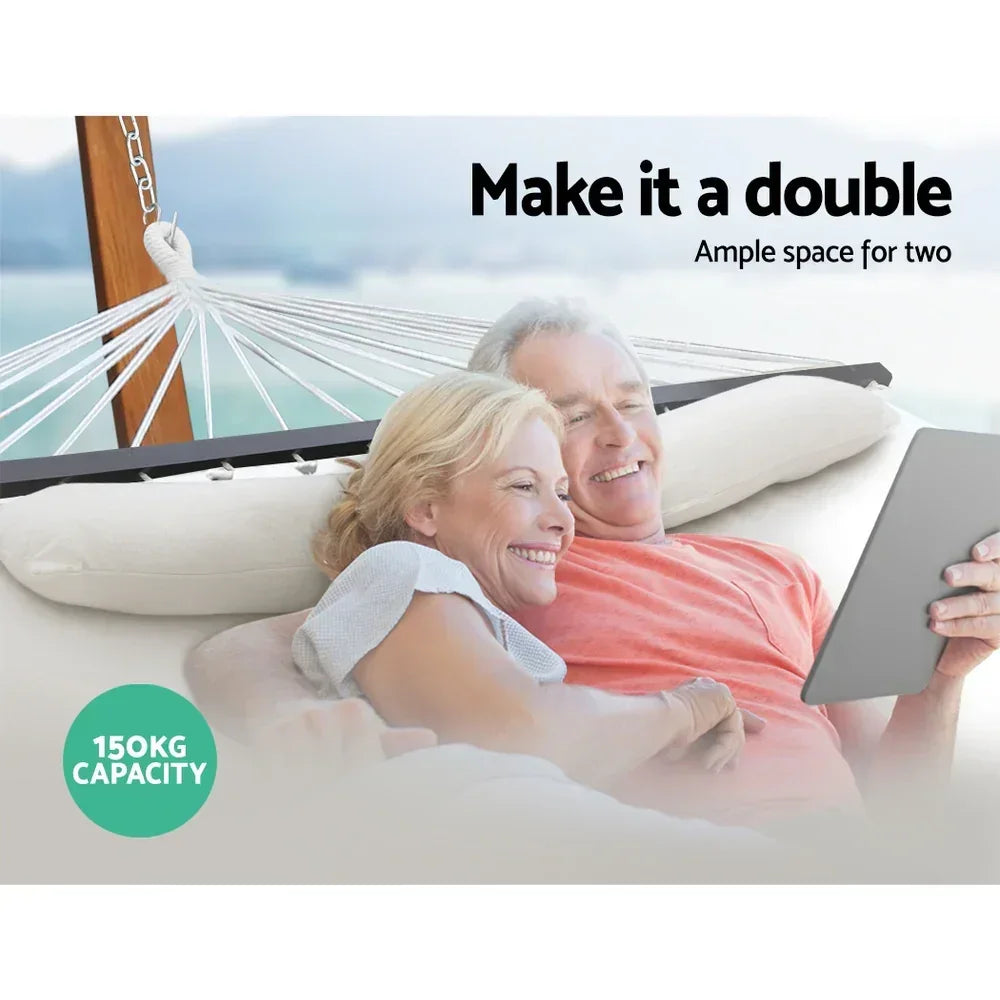 2 Person Hammock with Pillow Polyester Cotton Timber Rails 150kg