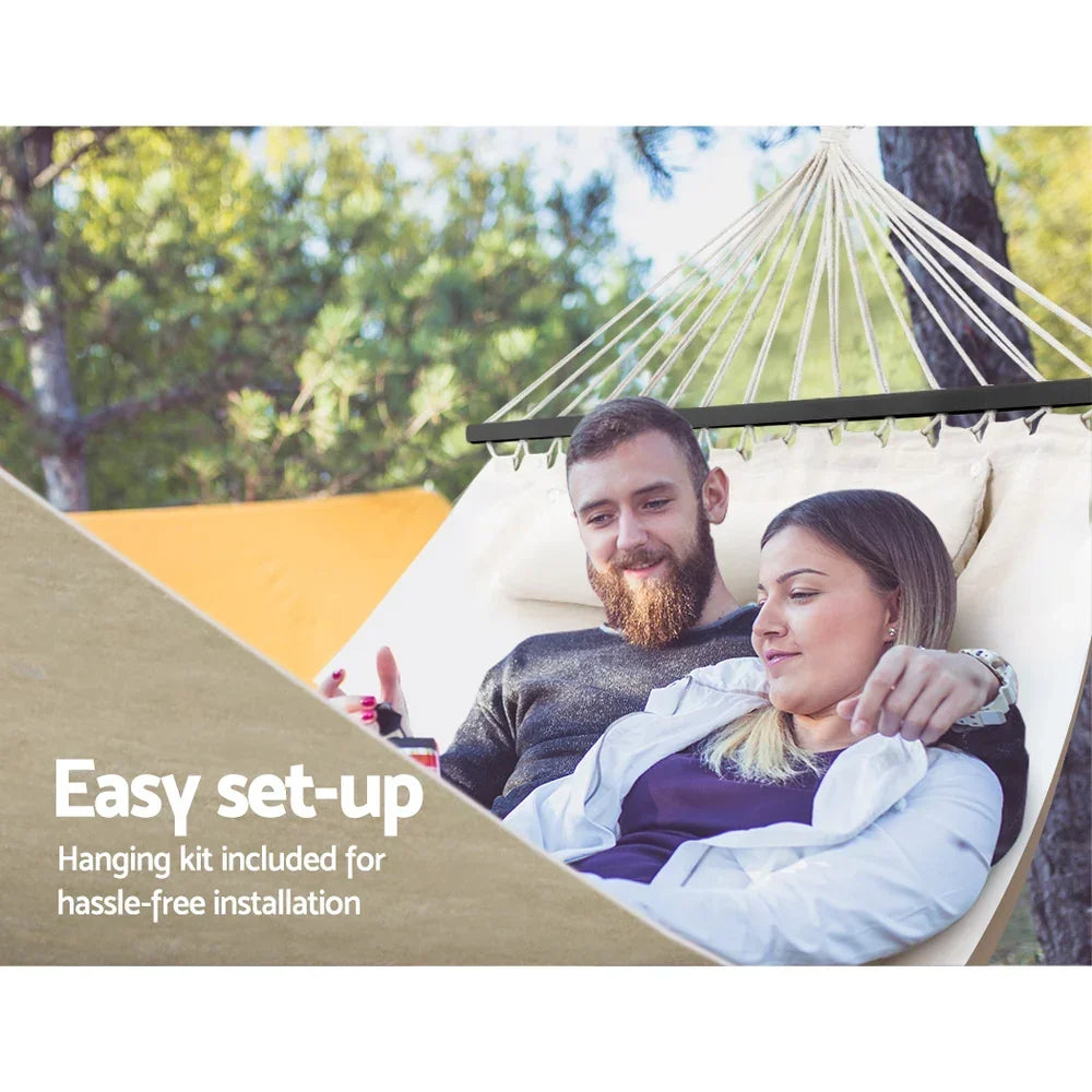 2 Person Hammock with Pillow Polyester Cotton Timber Rails 150kg