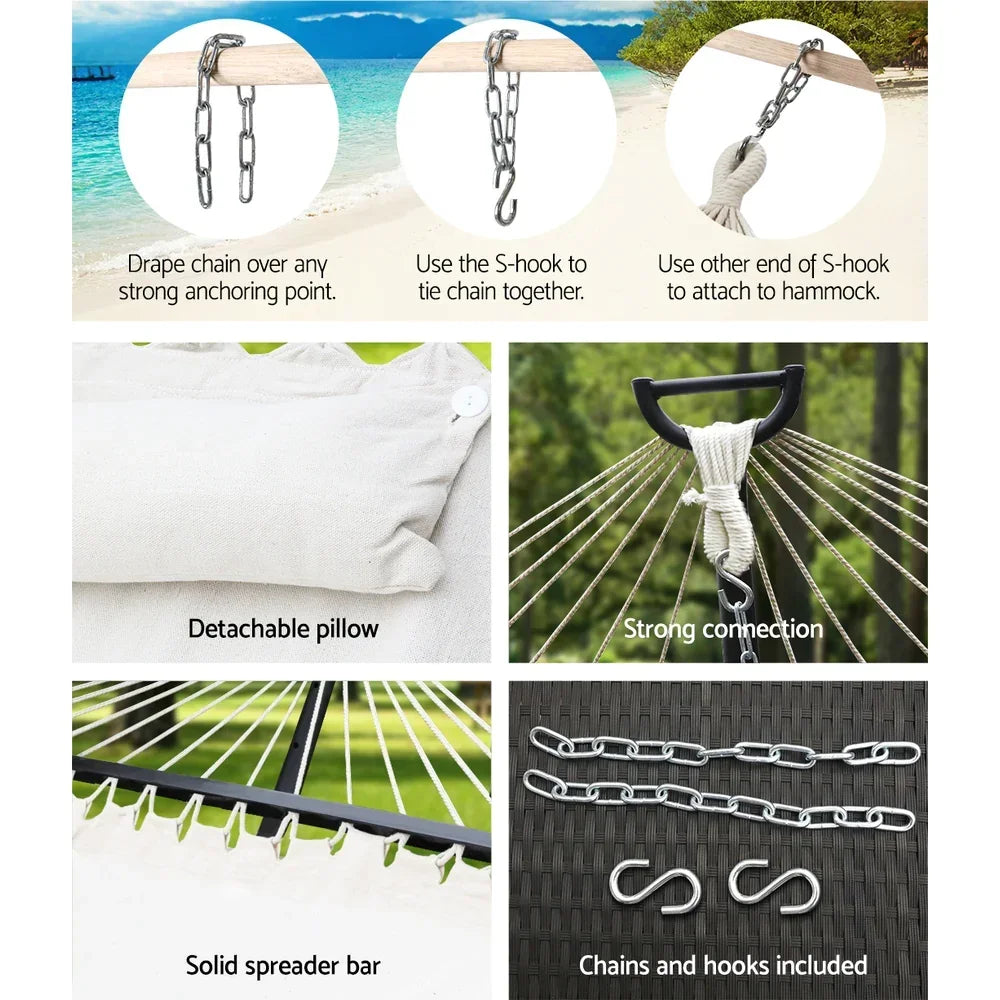 2 Person Hammock with Pillow Polyester Cotton Timber Rails 150kg