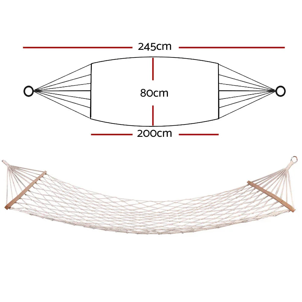 Single Hammock Cotton Rope Wooden Spreader Bars 150kg Cream