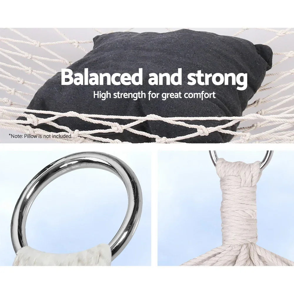 Single Hammock Cotton Rope Wooden Spreader Bars 150kg Cream