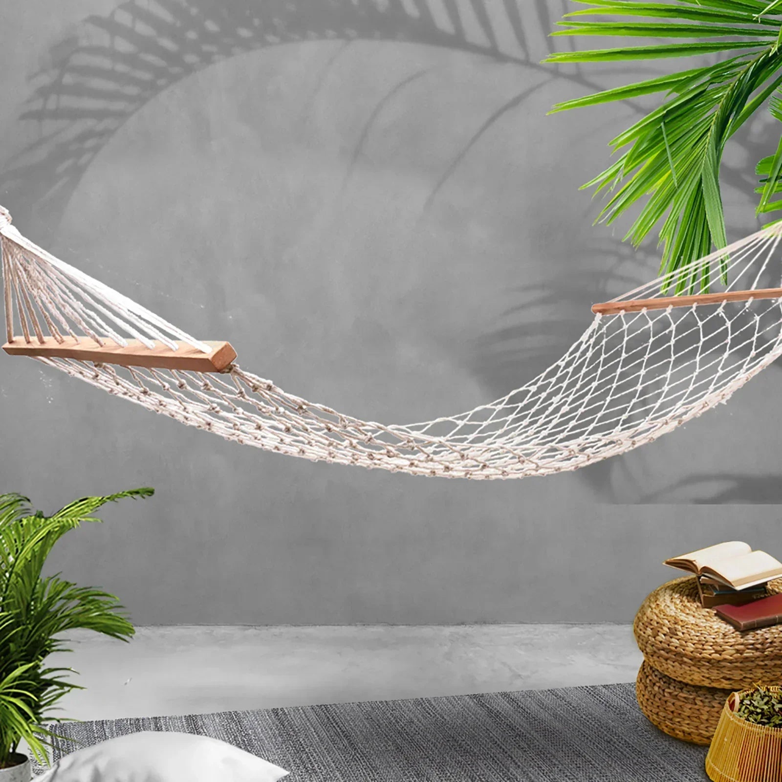 Single Hammock Cotton Rope Wooden Spreader Bars 150kg Cream