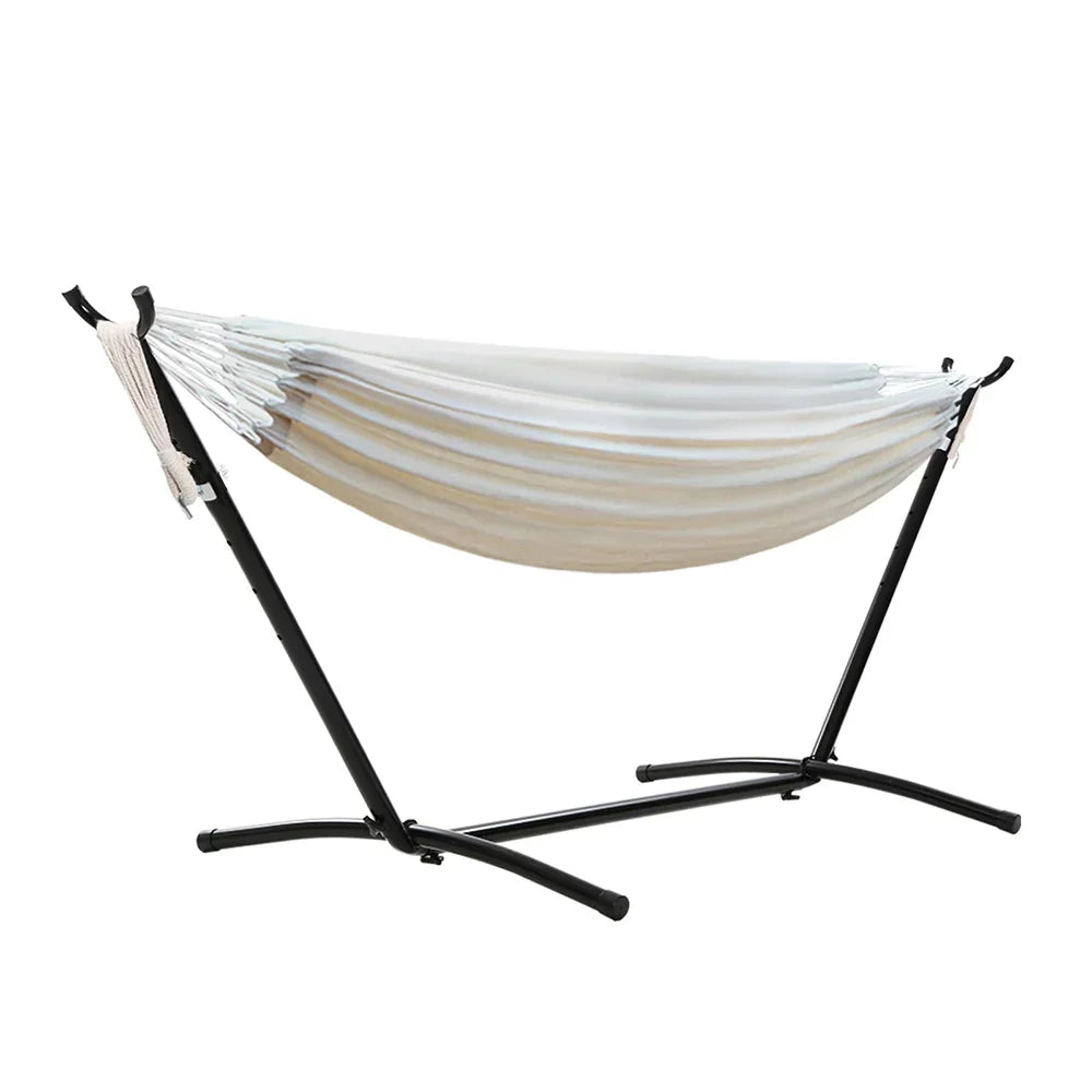 Hammock with Stand Cotton Fabric Steel Frame Adjustable Height Cream