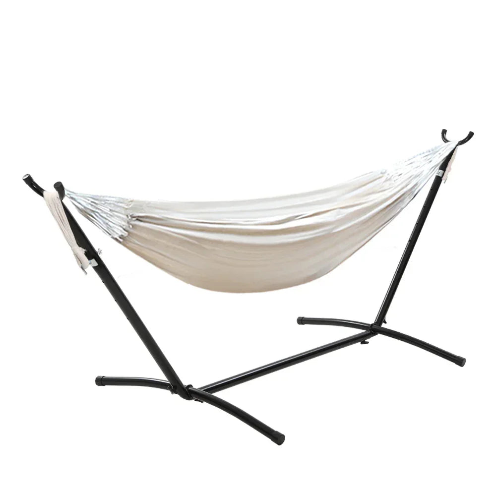 Hammock with Stand Cotton Fabric Steel Frame Adjustable Height Cream