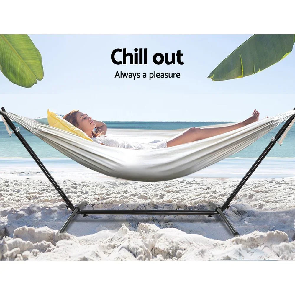 Hammock with Stand Cotton Fabric Steel Frame Adjustable Height Cream