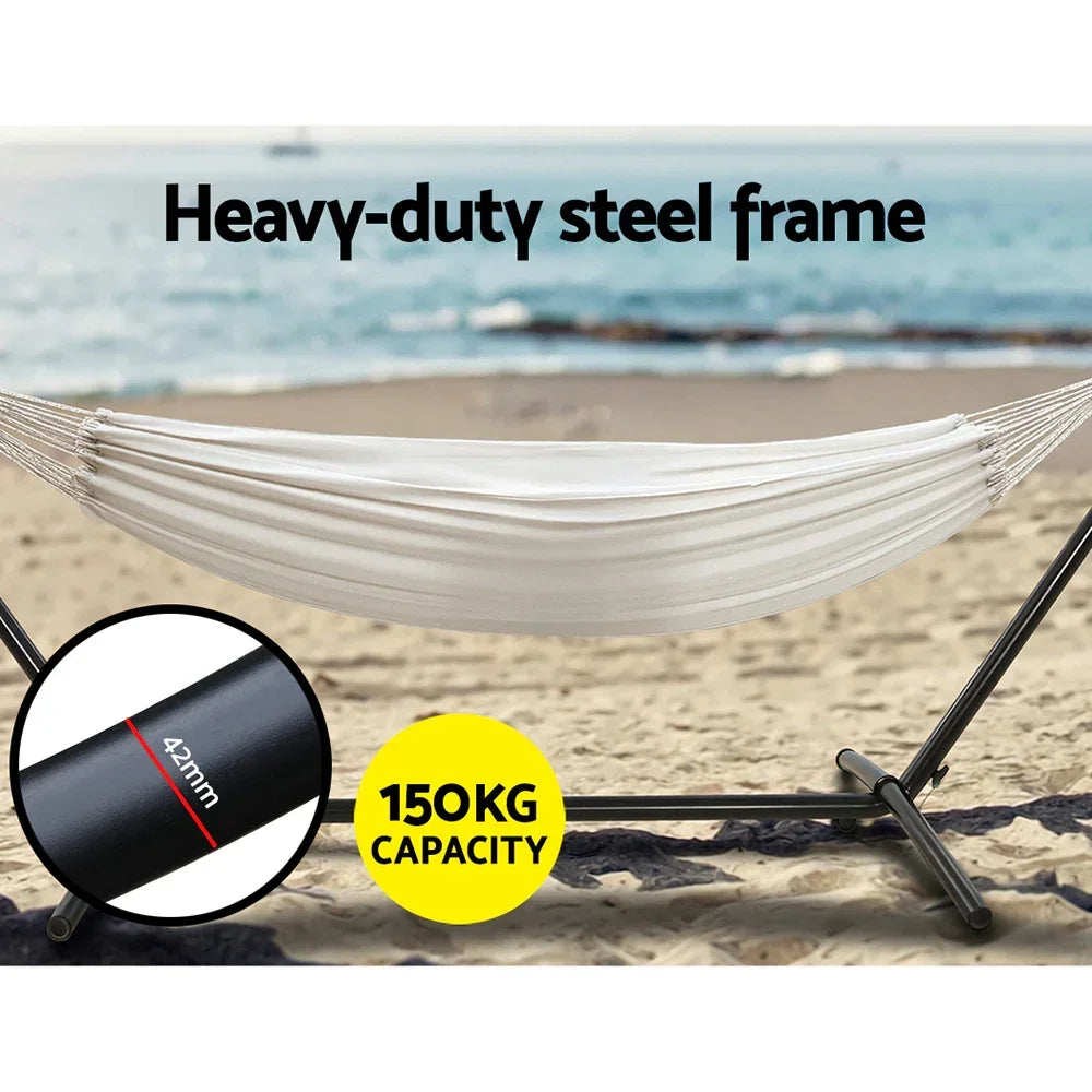 Hammock with Stand Cotton Fabric Steel Frame Adjustable Height Cream