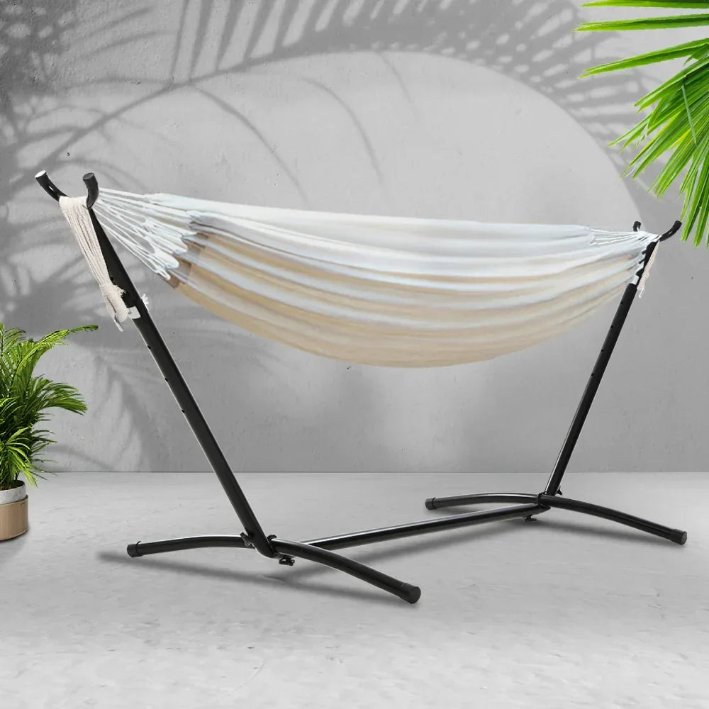 Hammock with Stand Cotton Fabric Steel Frame Adjustable Height Cream