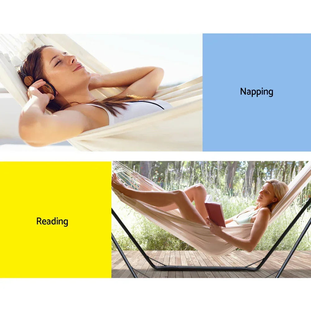 Hammock with Stand Steel Frame Outdoor Indoor Cotton Polyester 150kg Capacity