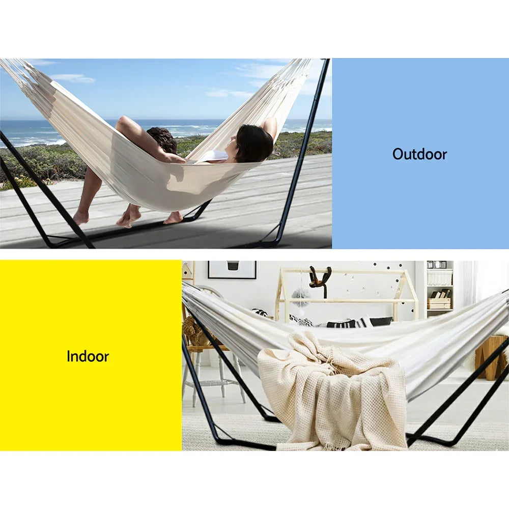 Hammock with Stand Steel Frame Outdoor Indoor Cotton Polyester 150kg Capacity