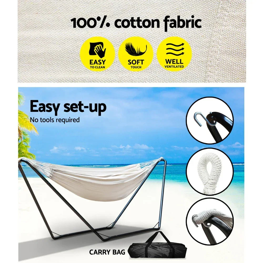 Hammock with Stand Steel Frame Outdoor Indoor Cotton Polyester 150kg Capacity