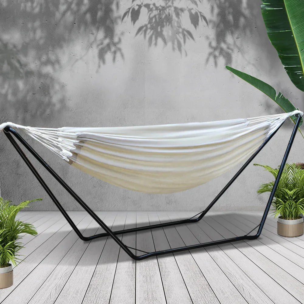 Hammock with Stand Steel Frame Outdoor Indoor Cotton Polyester 150kg Capacity