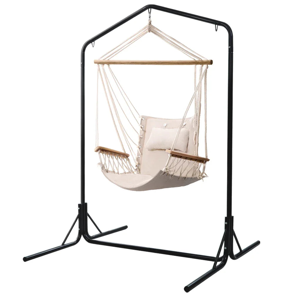 Hammock Chair with Stand Cream – Hanging Swing, Timber Rail, 120kg