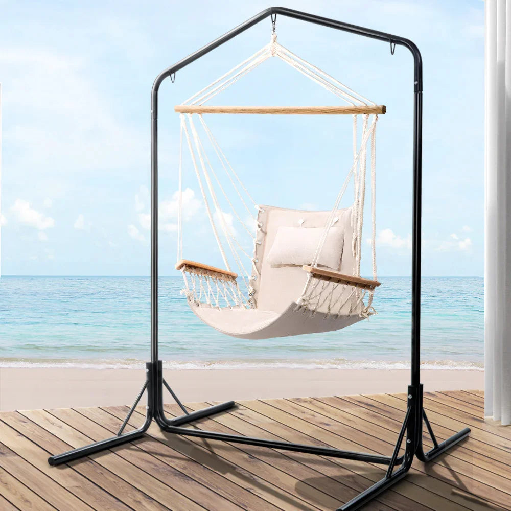 Hammock Chair with Stand Cream – Hanging Swing, Timber Rail, 120kg