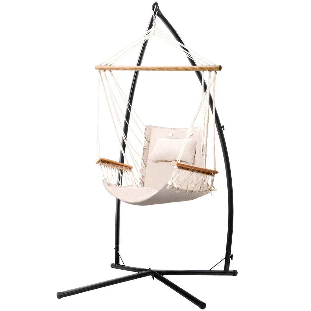 Hammock Chair with Steel Stand Cream – Hanging Swing, Armrests, 120kg