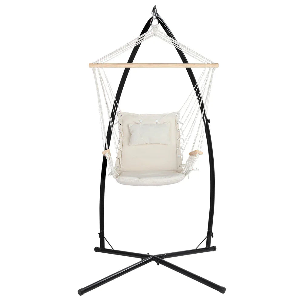 Hammock Chair with Steel Stand Cream – Hanging Swing, Armrests, 120kg
