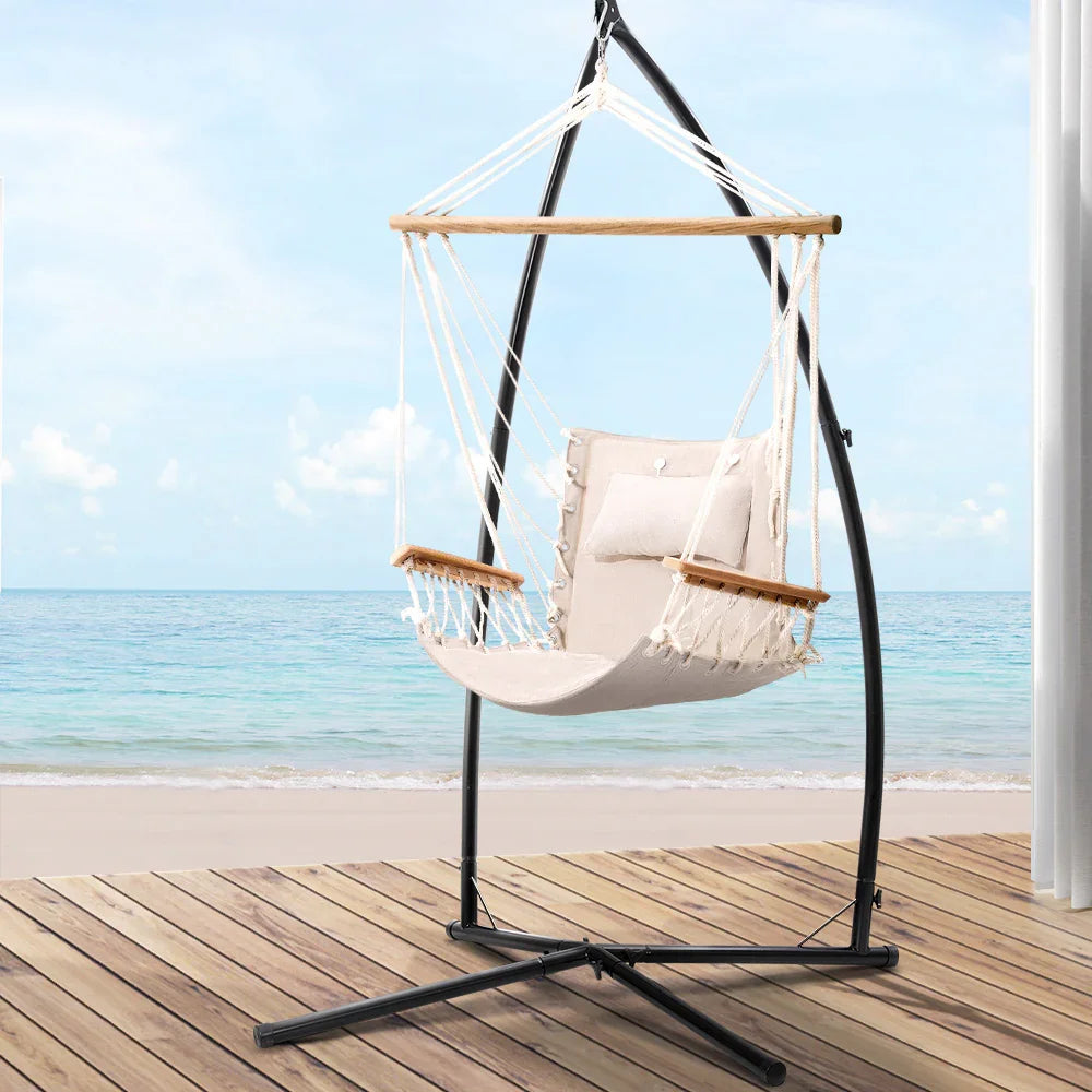 Hammock Chair with Steel Stand Cream – Hanging Swing, Armrests, 120kg