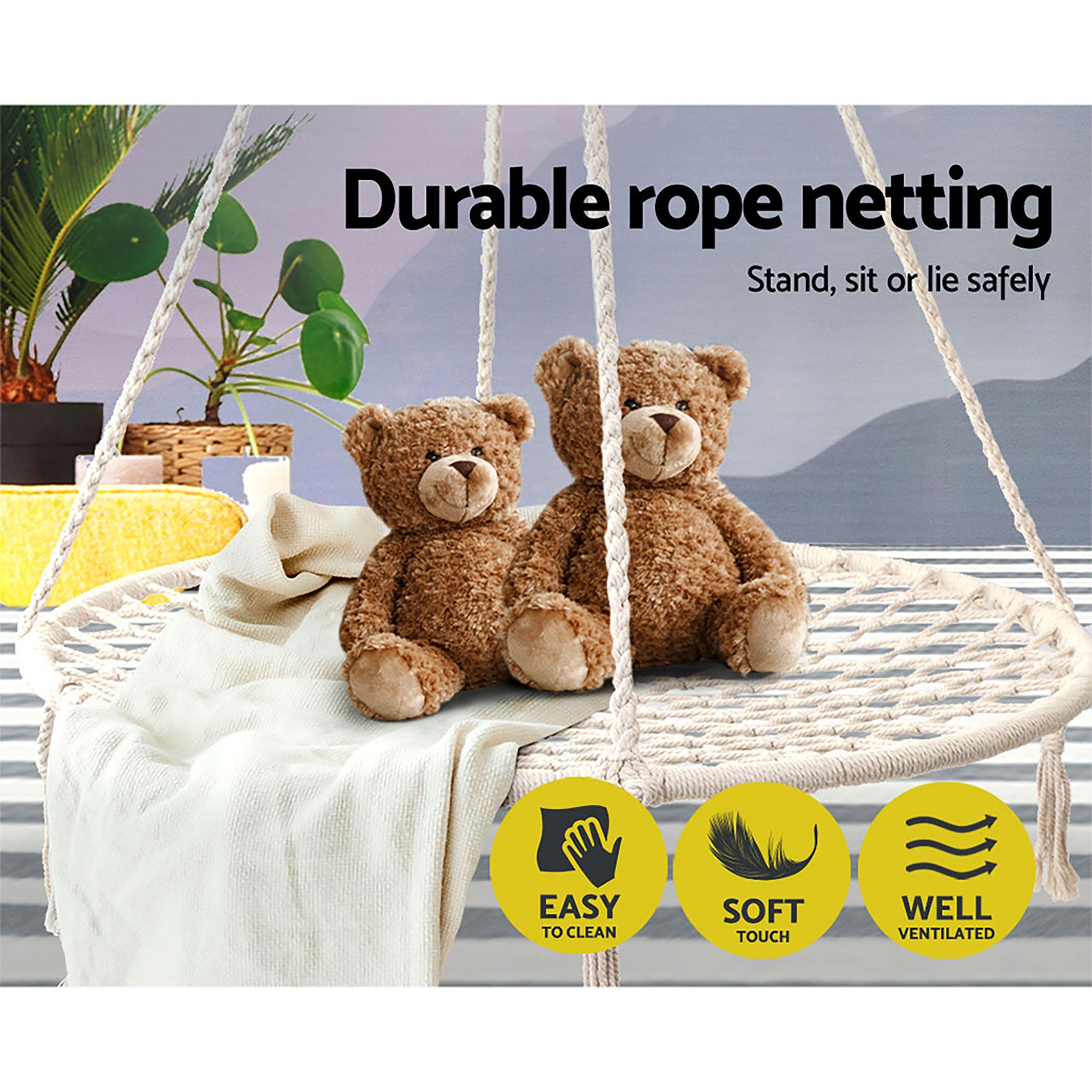 Hanging Hammock Chair Swing Cotton Polyester 120kg Indoor Outdoor Cream