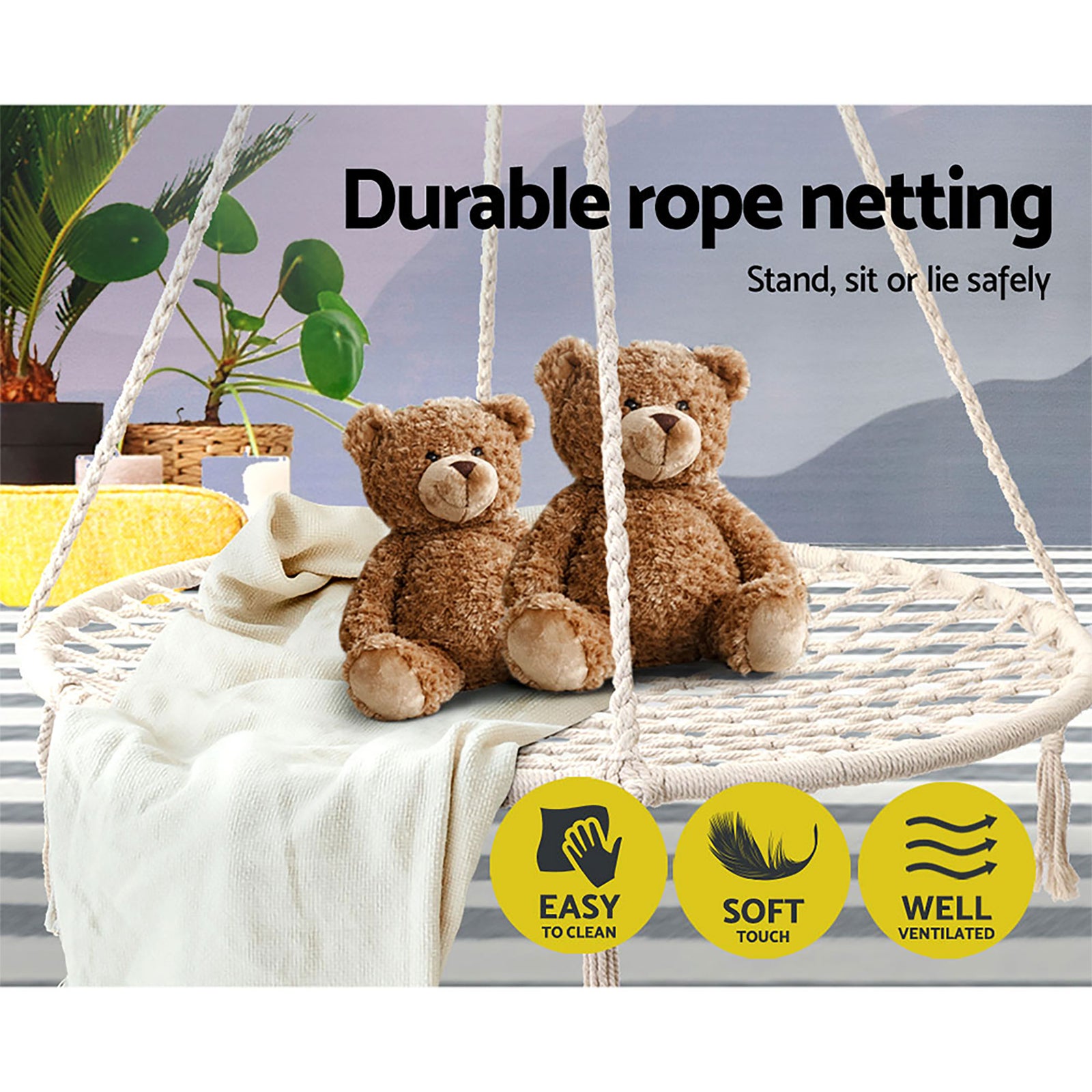Hanging Hammock Chair Swing Cotton Polyester 120kg Indoor Outdoor Cream