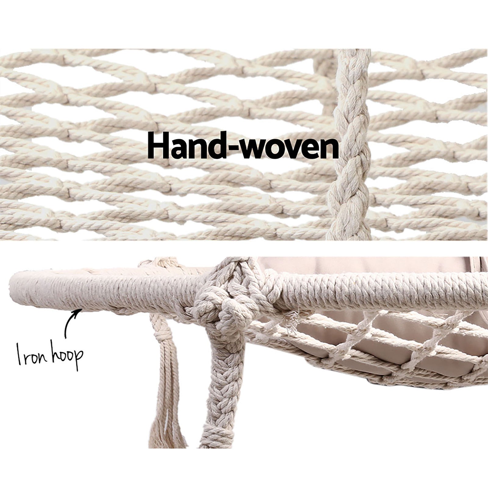 Hanging Hammock Chair Swing Cotton Polyester 120kg Indoor Outdoor Cream