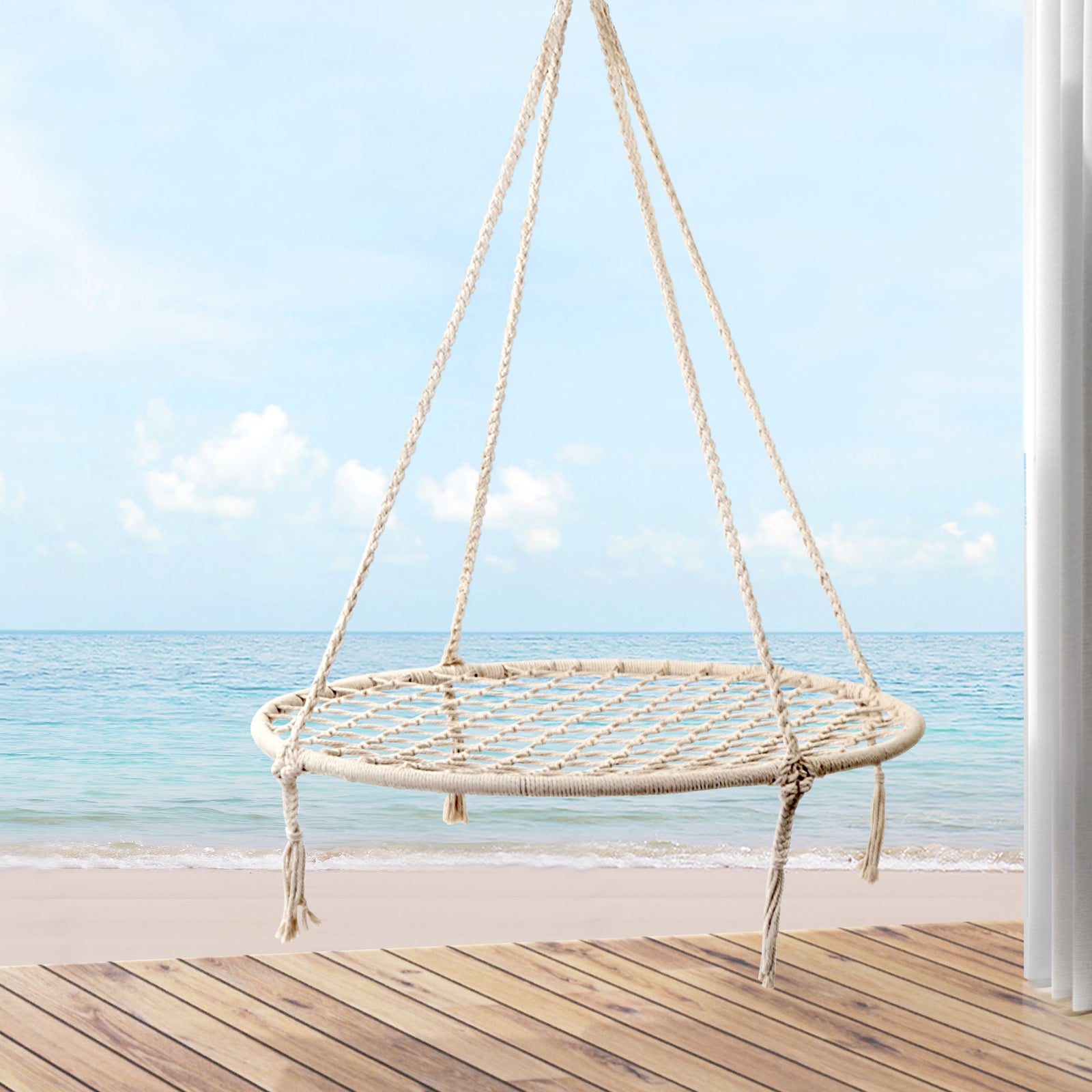 Hanging Hammock Chair Swing Cotton Polyester 120kg Indoor Outdoor Cream
