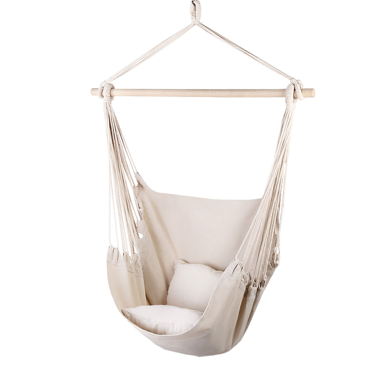 Hanging Hammock Chair with Cushions Timber Rail 120kg Cream Colour Finish