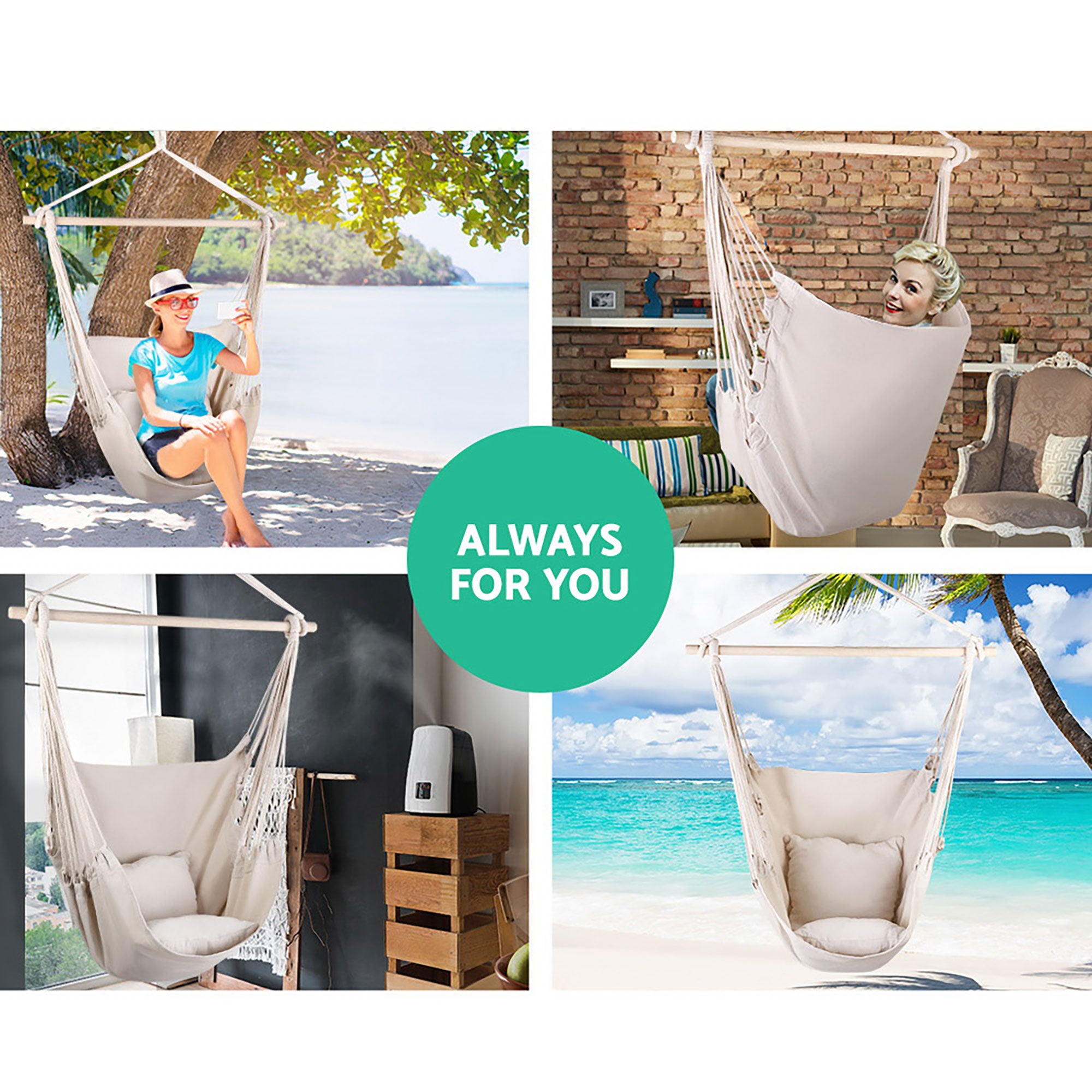 Hanging Hammock Chair with Cushions Timber Rail 120kg Cream