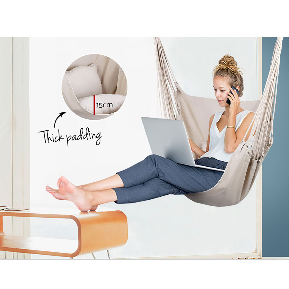 Hanging Hammock Chair with Cushions Timber Rail 120kg Cream Colour Finish