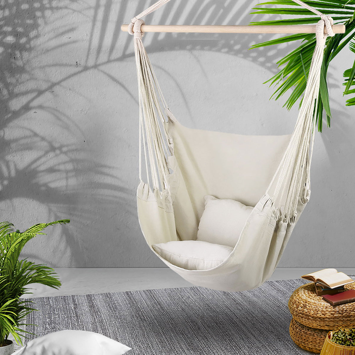 Hanging Hammock Chair with Cushions Timber Rail 120kg Cream Colour Finish