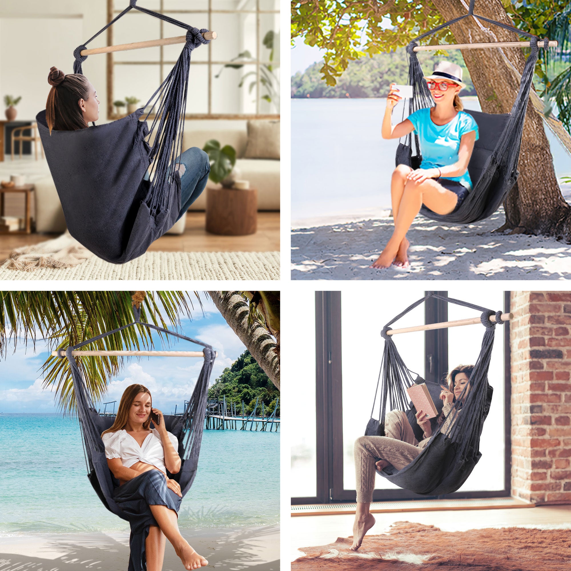 Hanging Hammock Chair with Cushions Timber Rail 120kg Grey