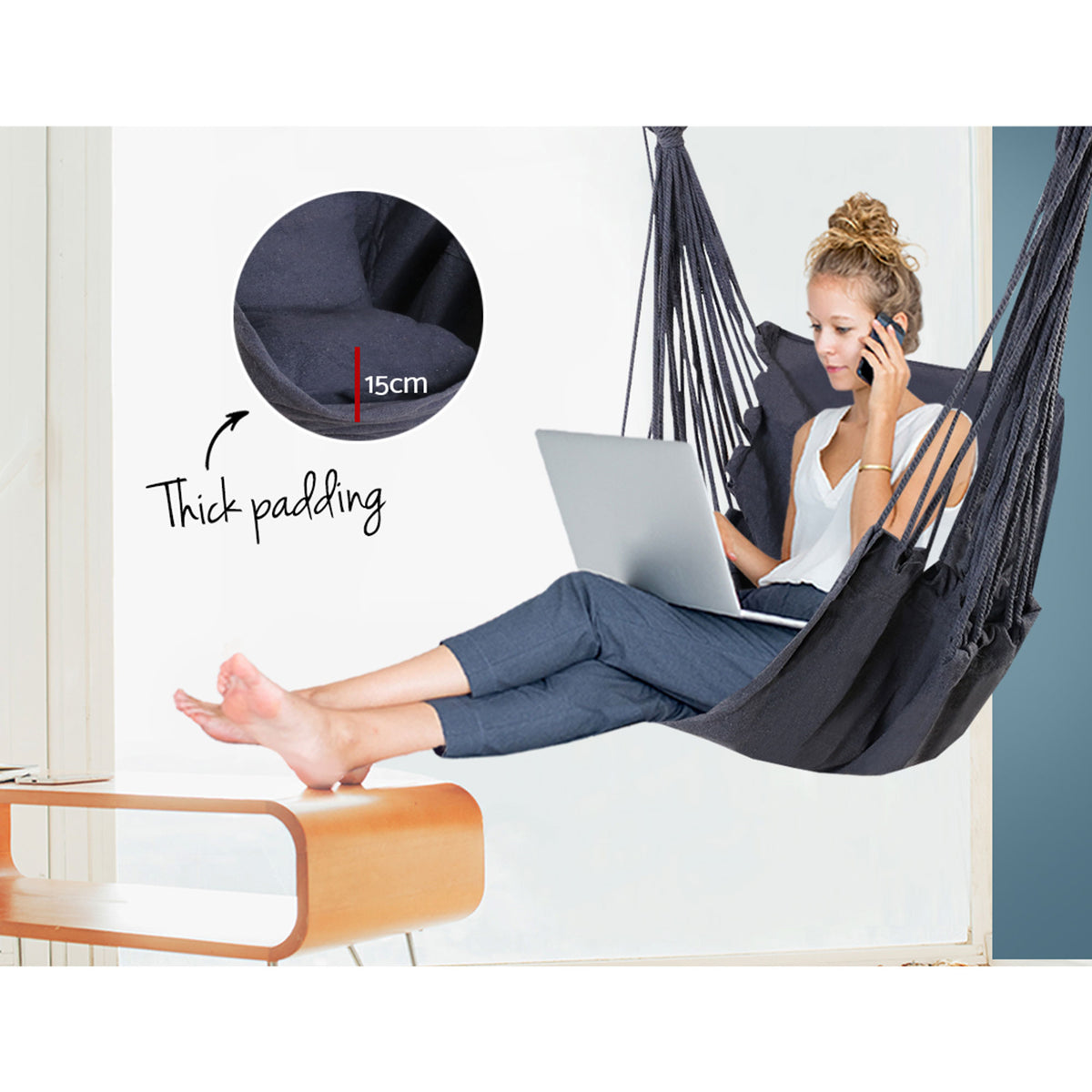 Hanging Hammock Chair with Cushions Timber Rail 120kg Grey Colour Finish
