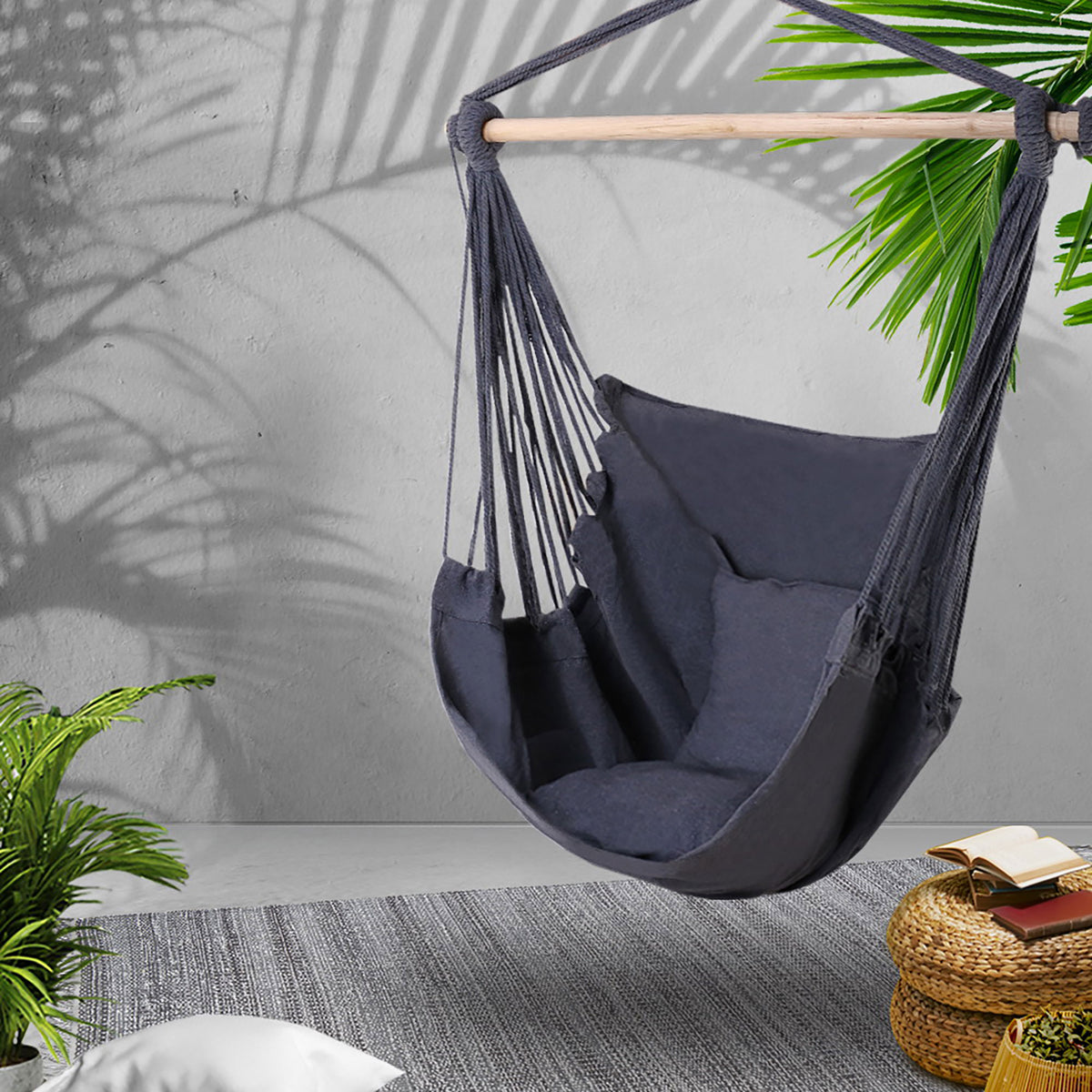 Hanging Hammock Chair with Cushions Timber Rail 120kg Grey Colour Finish