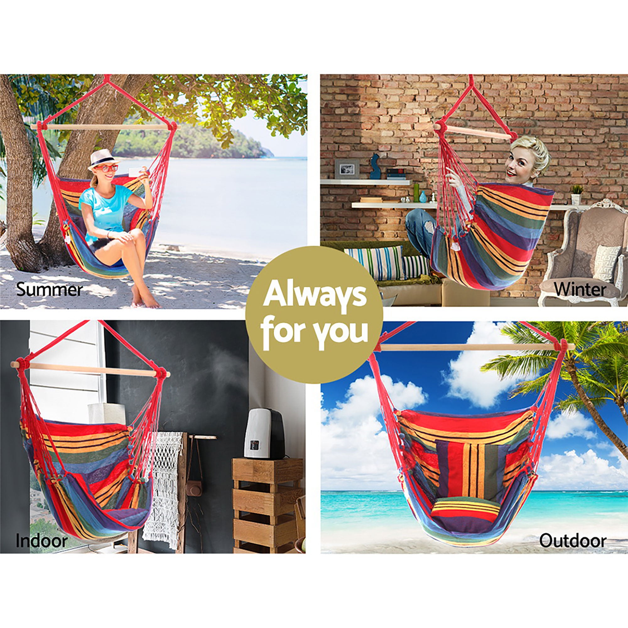 Hammock Chair with Timber Rail & Cushions 120kg Cotton Polyester Multi
