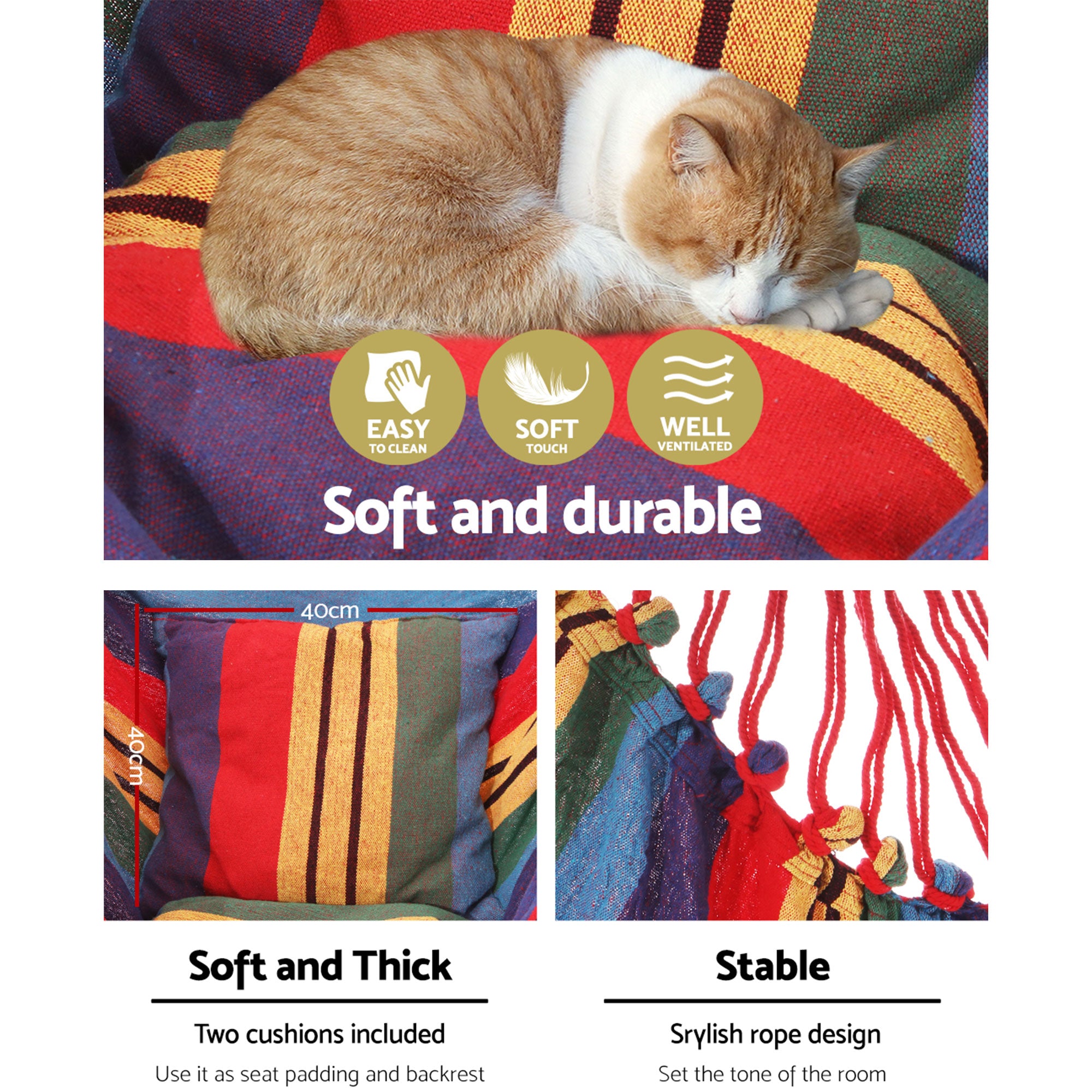 Hammock Chair with Timber Rail & Cushions 120kg Cotton Polyester Multi