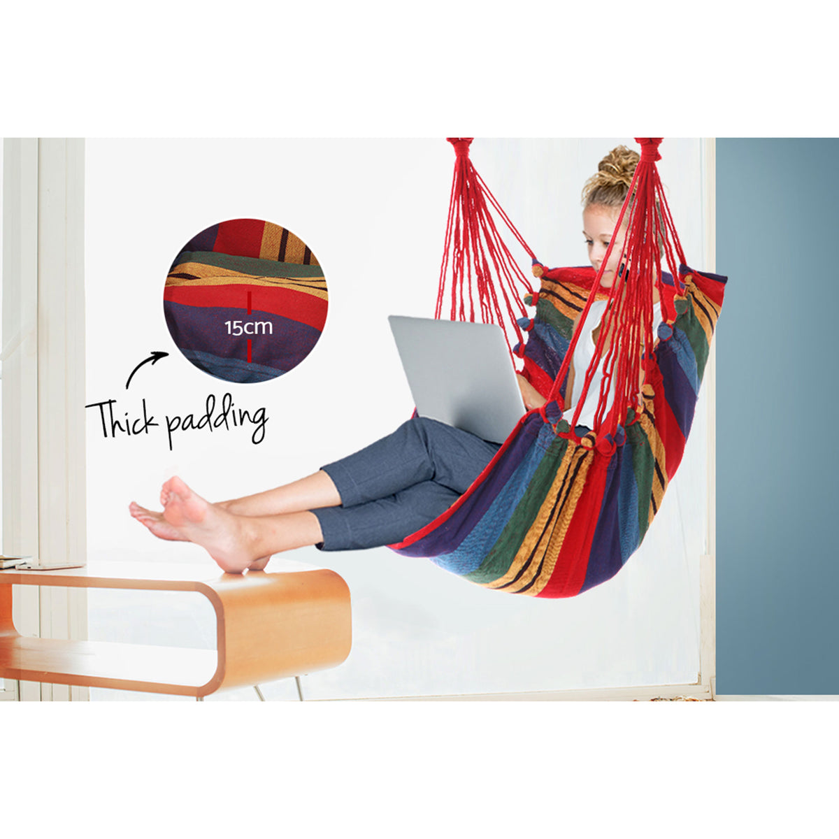 Hammock Chair with Timber Rail and Cushions 120kg Cotton Multi Colour Set