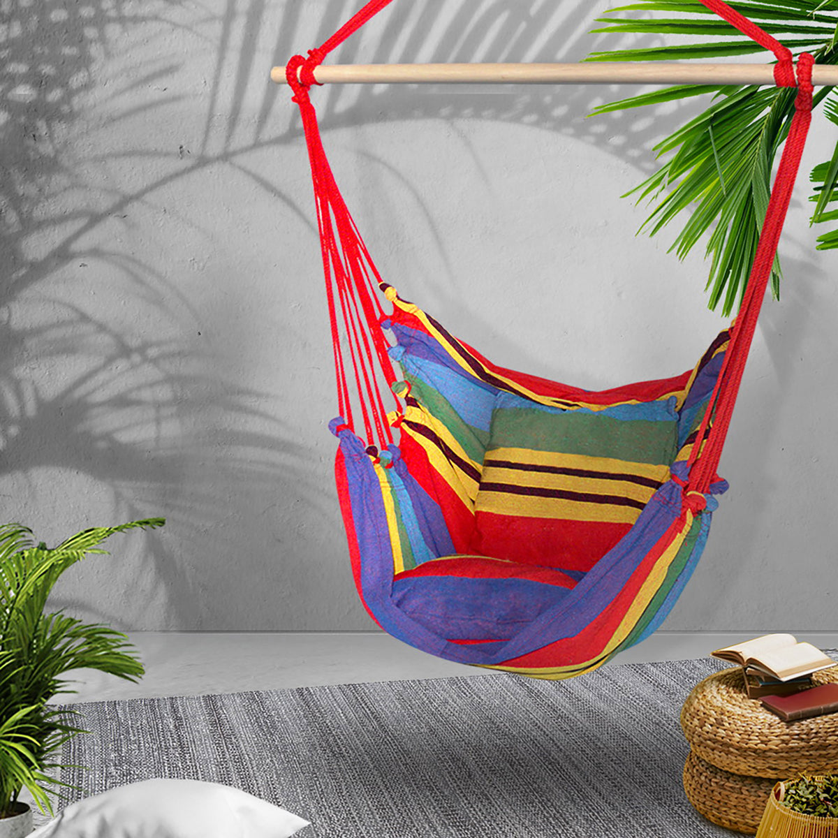 Hammock Chair with Timber Rail and Cushions 120kg Cotton Multi Colour Set