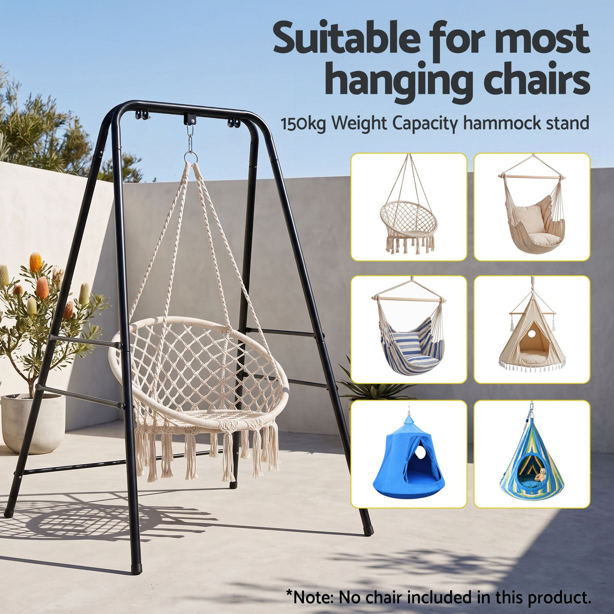 Gardeon Hammock Chair Stand 180cm Steel Frame 150kg for Hanging Swing Black