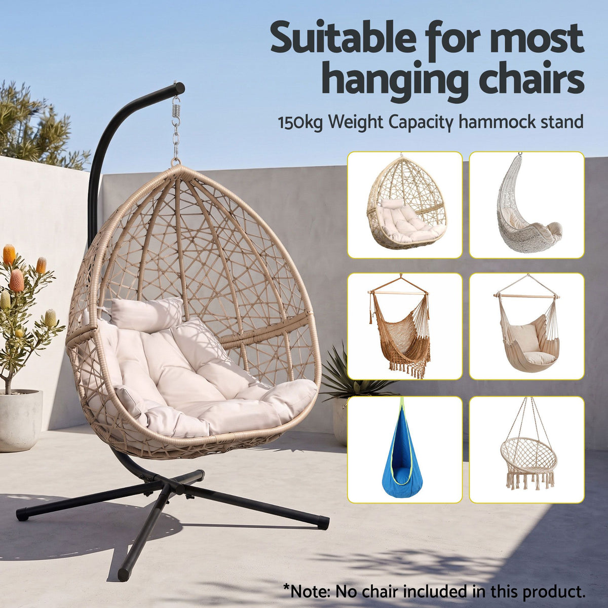 Gardeon Hammock Chair Stand 195cm Metal Frame 150kg for Hanging Swing Black