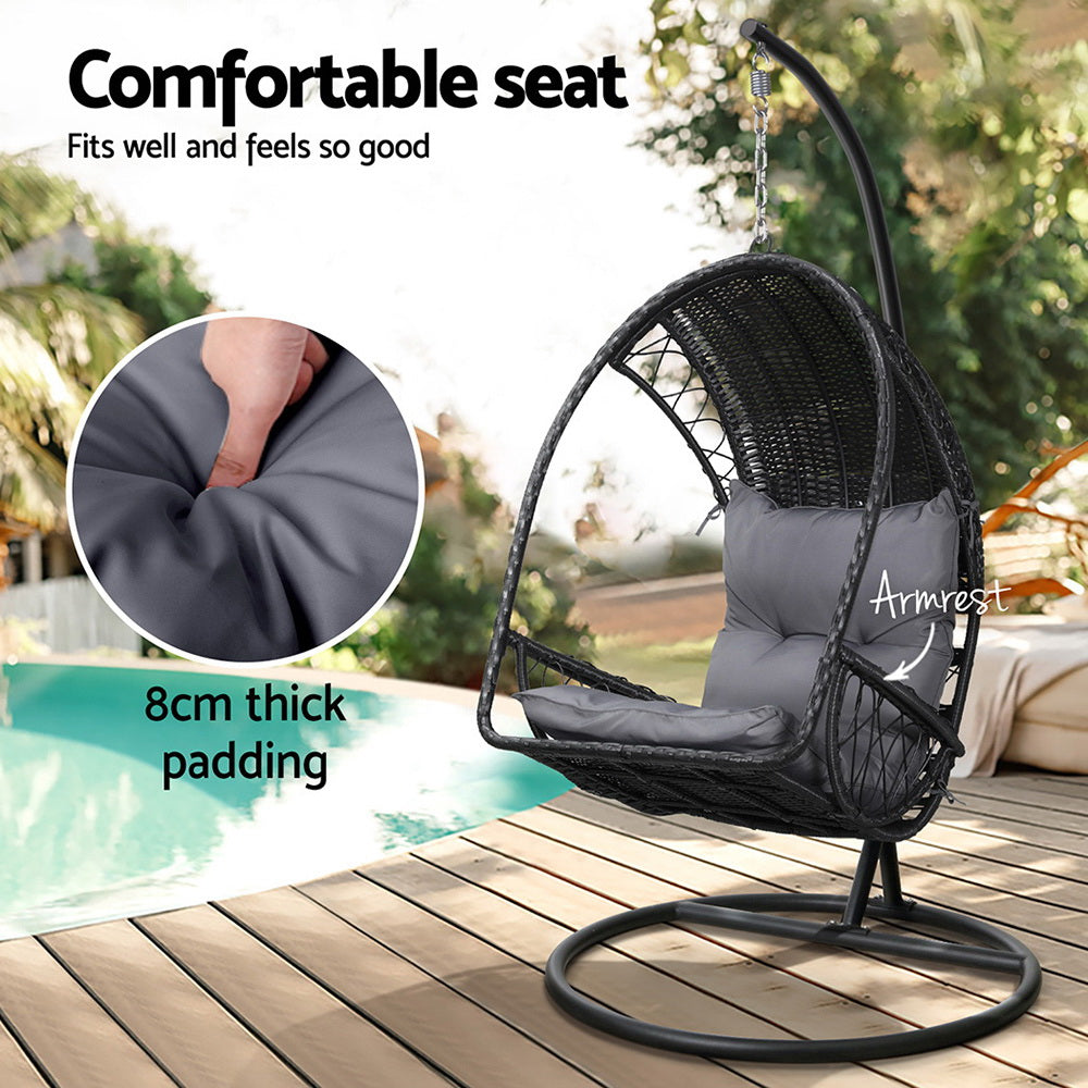 Outdoor Egg Swing Chair Wicker Furniture Pod Stand Armrest Black