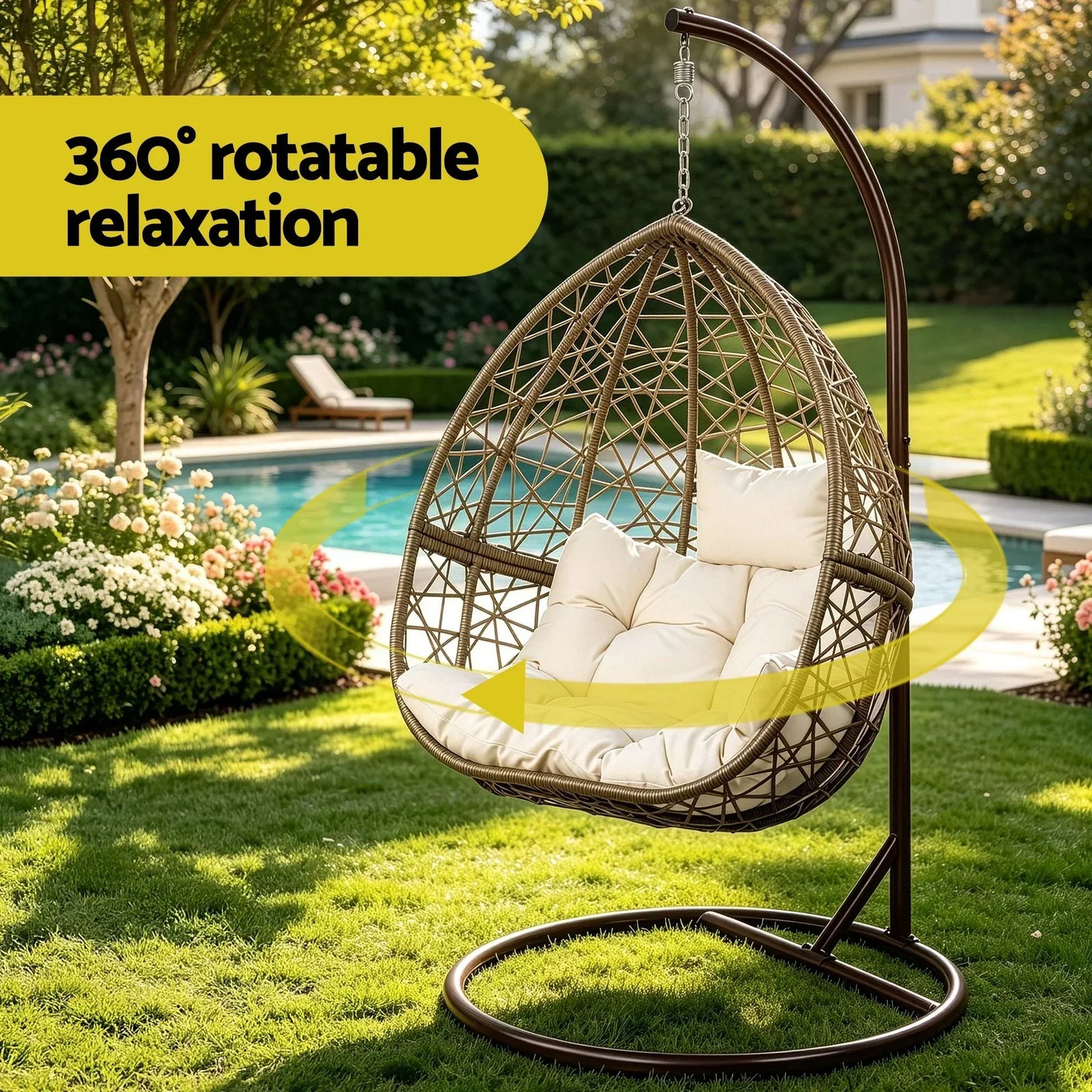 Hanging Egg Chair with Stand Wicker Pod Swing Chair Latte