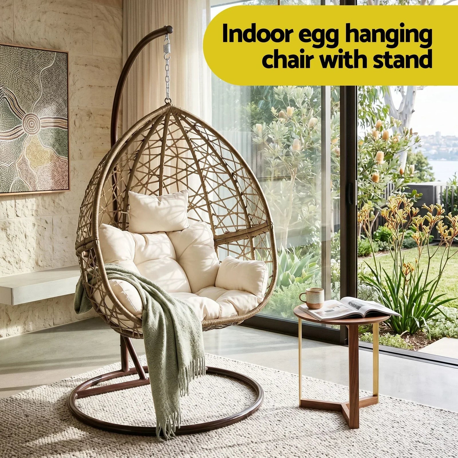 Hanging Egg Chair with Stand Wicker Pod Swing Chair Latte