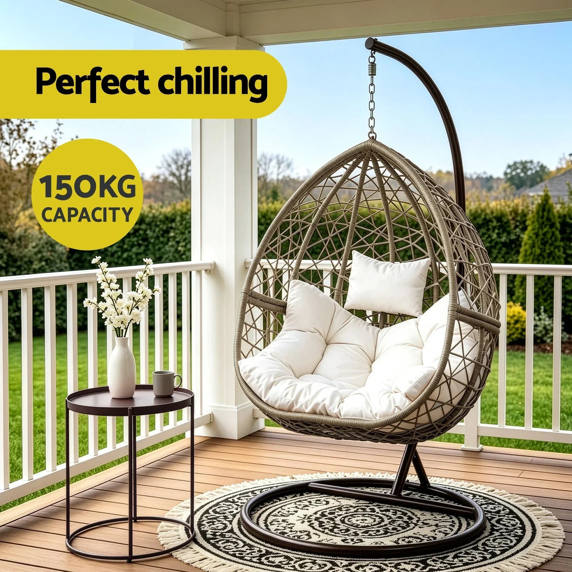 Hanging Egg Chair with Stand Wicker Pod Swing Chair Latte