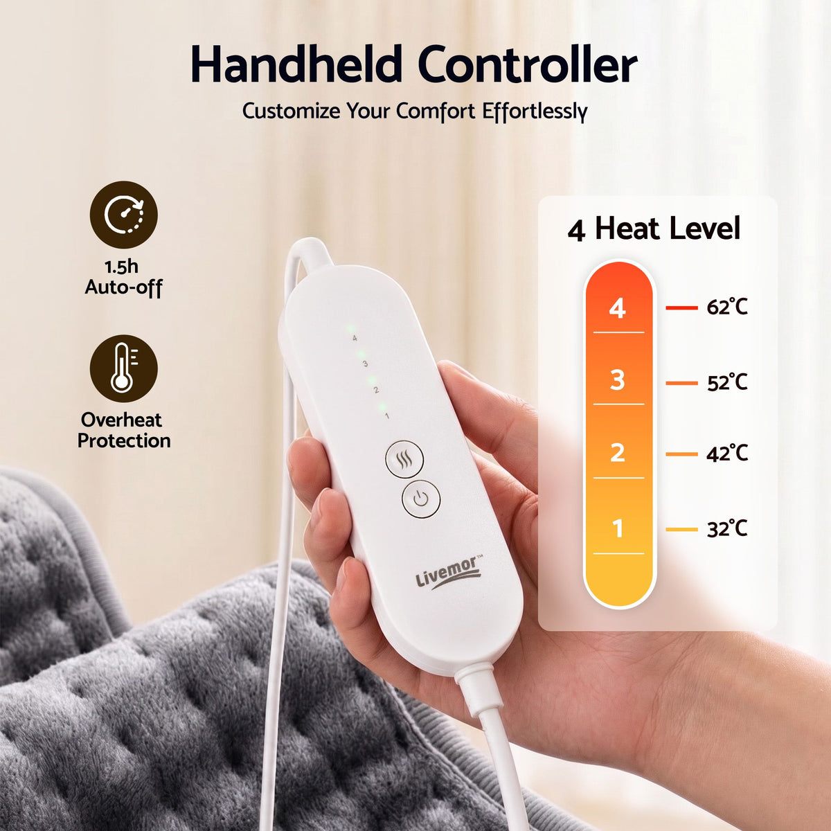 Livemor Heating Pad for Back Neck Shoulder Knee Arms Legs 60x30cm 4 Heat Settings Gift for Women Men