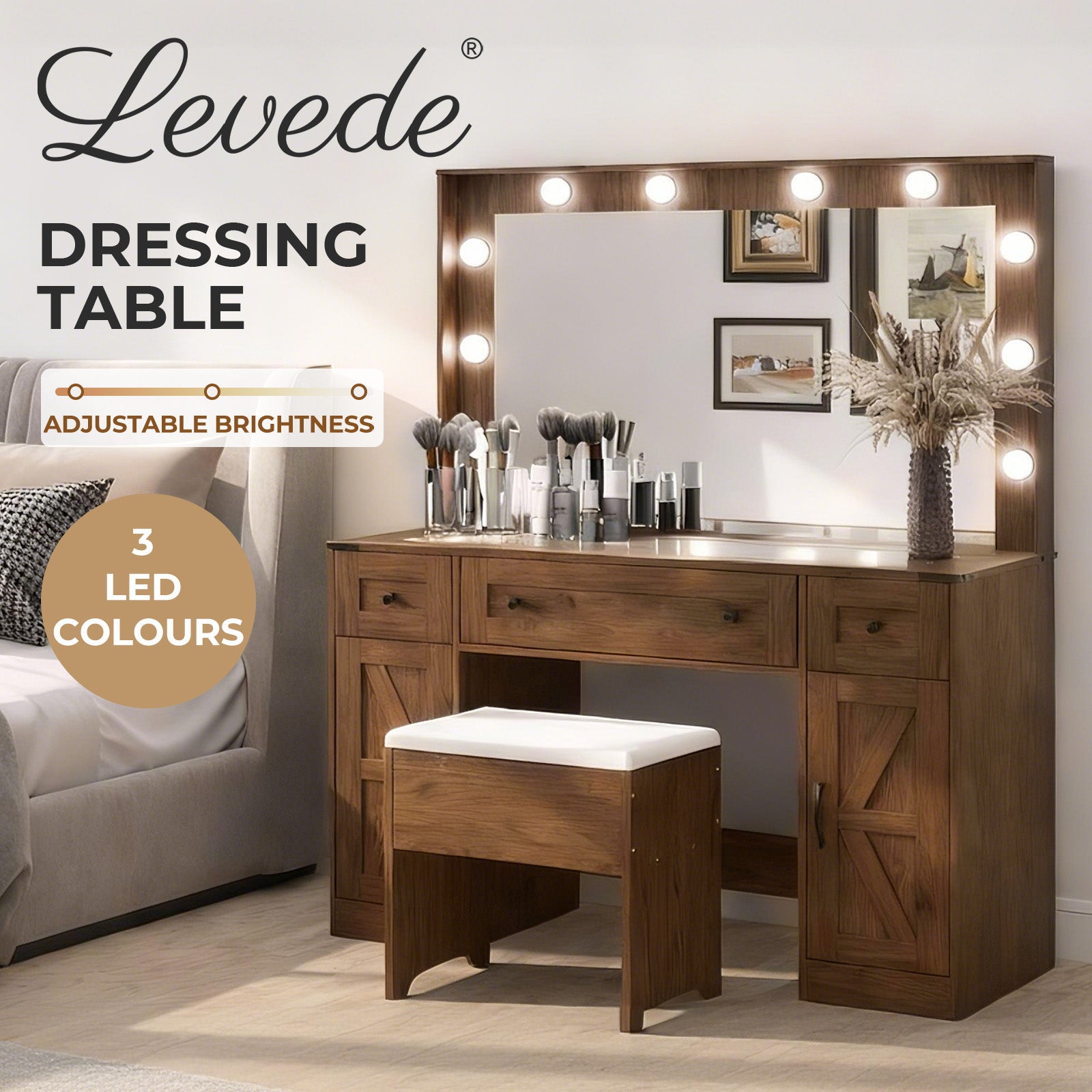 Levede Dressing Table LED Makeup Mirror Stool Set  Vanity Desk Cabinet 3 Drawers-2027211080543113216