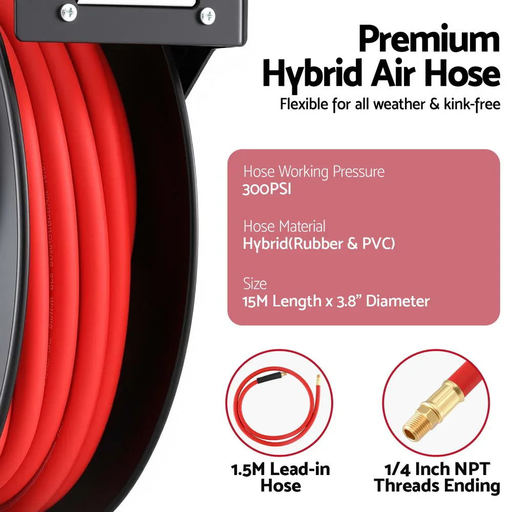 Air Hose Reel 3/8 IN x 15m Retractable Air Hose 300PSI