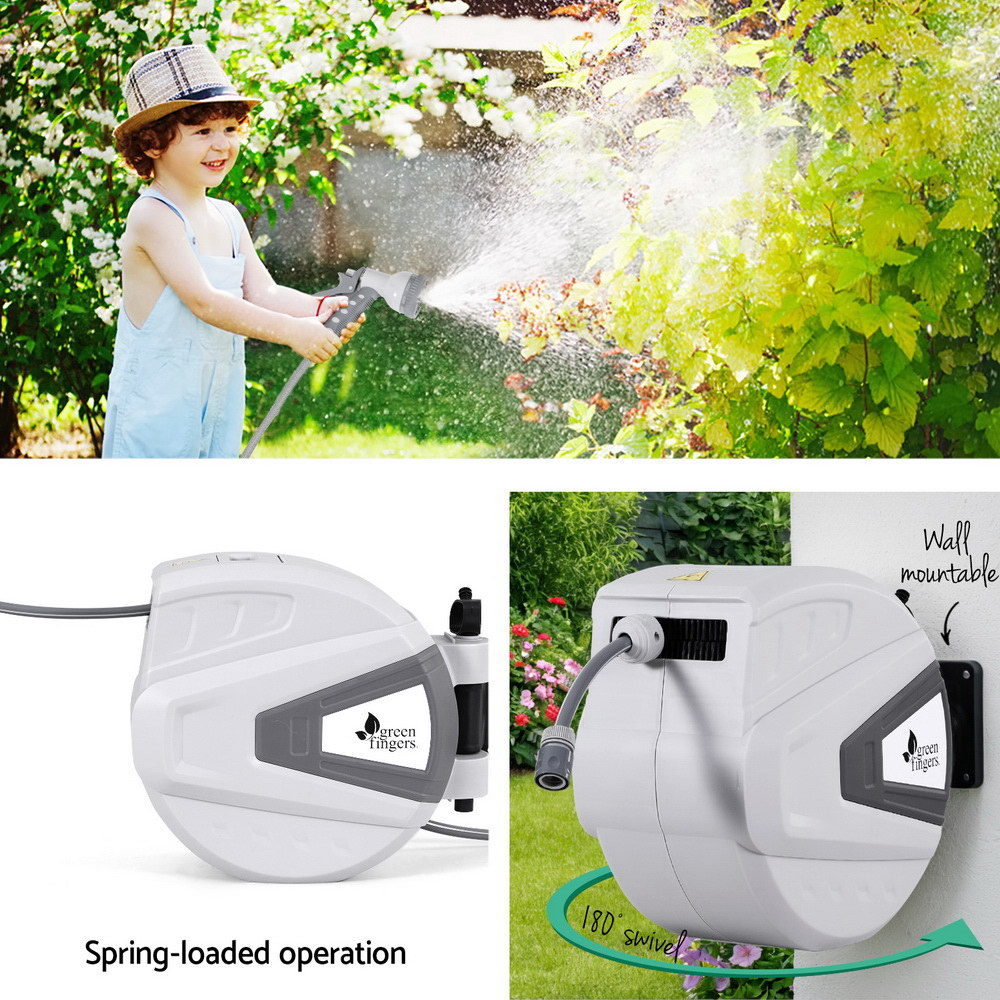 Green Fingers 30M Water Hose Reel Retractable Auto Rewind Wall Mount Garden Spray Gun