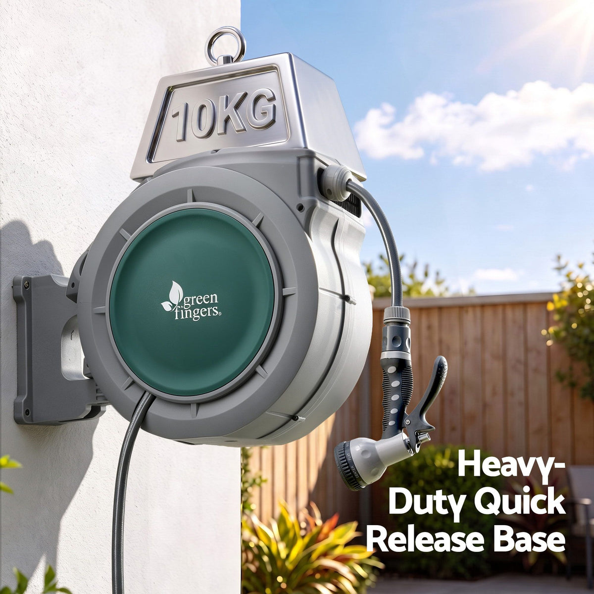 Green Fingers 10m Retractable Water Hose Reel, Wall Mounted Garden Hose 9-Pattern Nozzle
