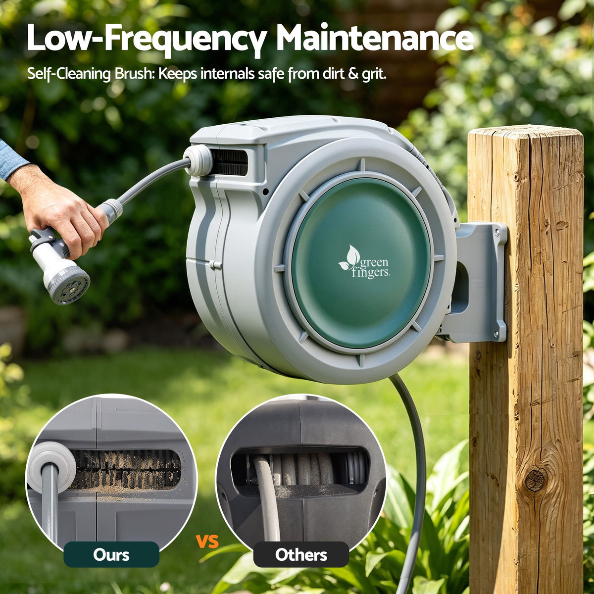 Green Fingers 30m Retractable Water Hose Reel, Wall Mounted Garden Hose 9-Pattern Nozzle