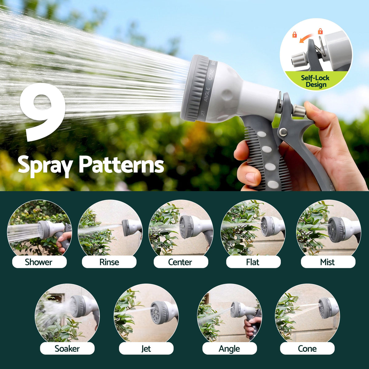Green Fingers 30m Retractable Water Hose Reel, Wall Mounted Garden Hose 9-Pattern Nozzle