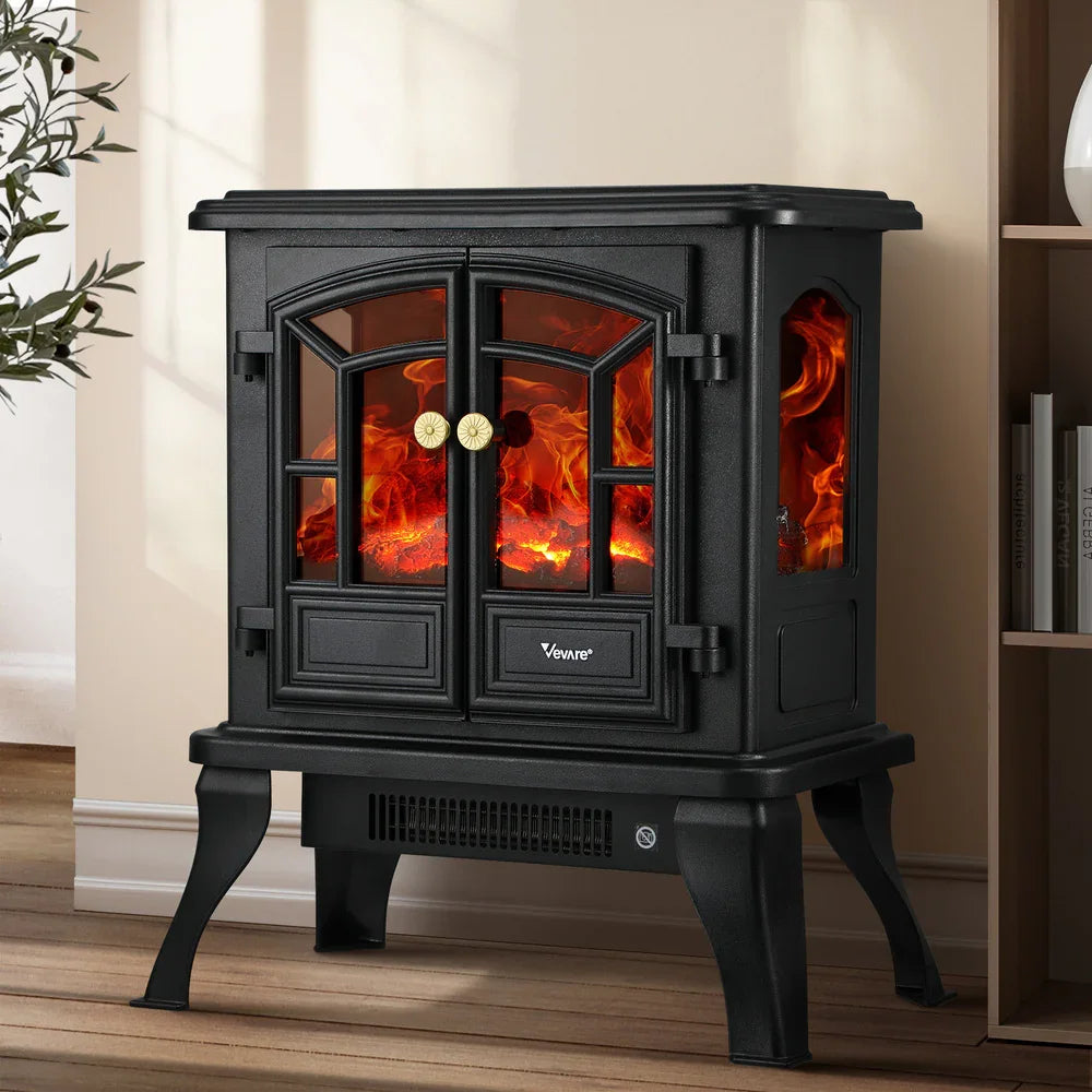 Electric Fireplace Heater – 2000W, 3D Flame, Thermostat, Freestanding Vintage