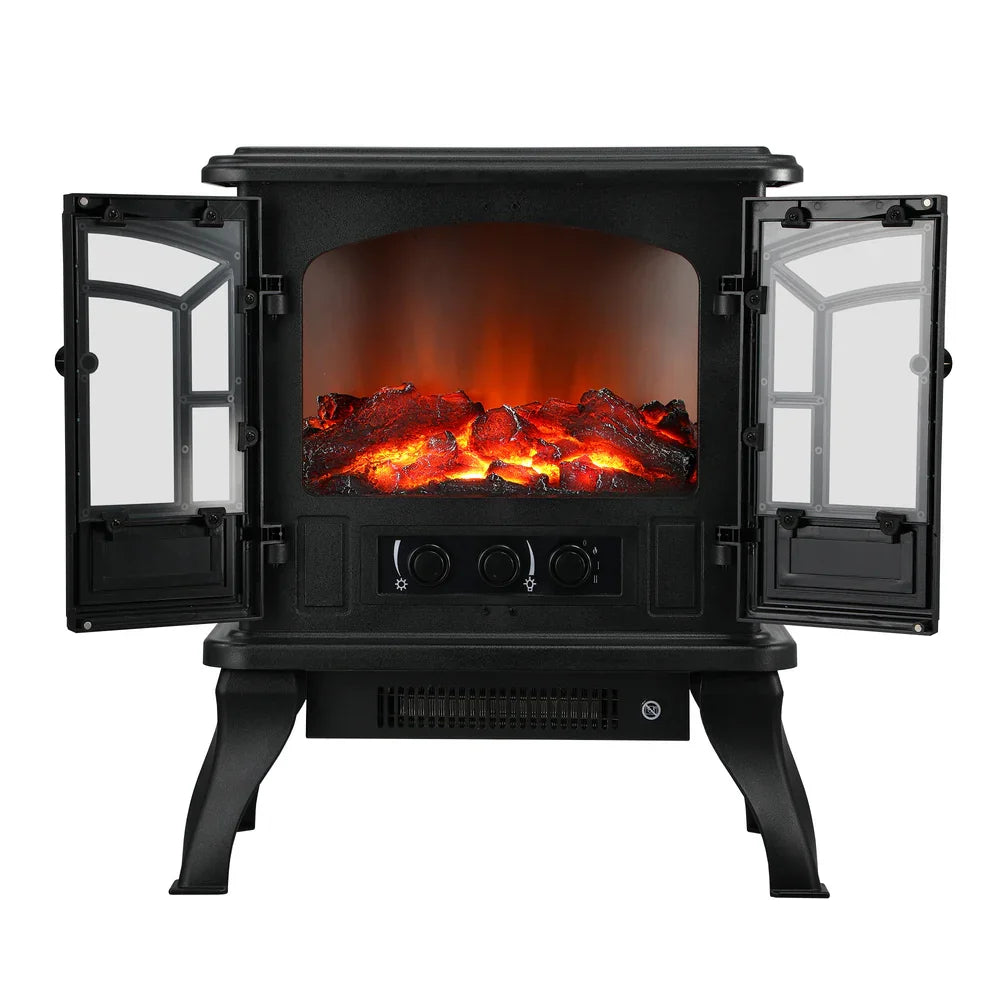 Electric Fireplace Heater – 2000W, 3D Flame, Thermostat, Freestanding Vintage